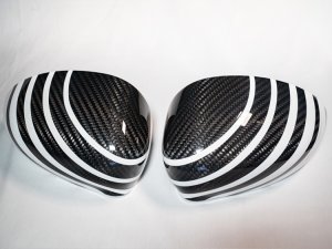 FIAT 500 Mirror Covers - Carbon Fiber - White Racing Stripe w/ Black Scorpion V2